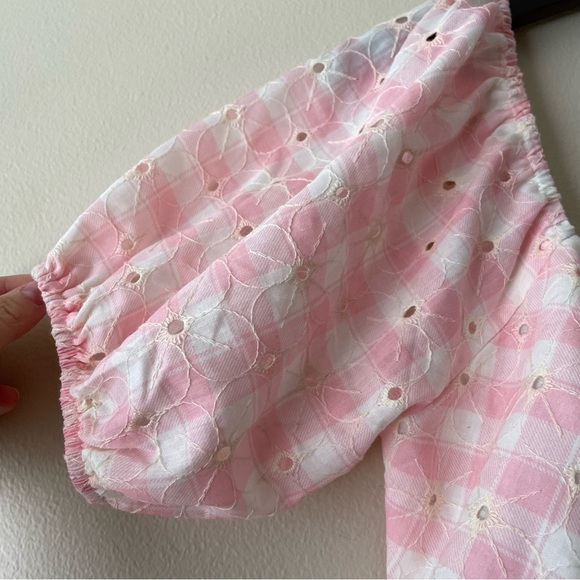 Altar'd State Gingham Crop Top Tie Front Puff Sleeve Eyelet Coquette NWT - Picture 3 of 8